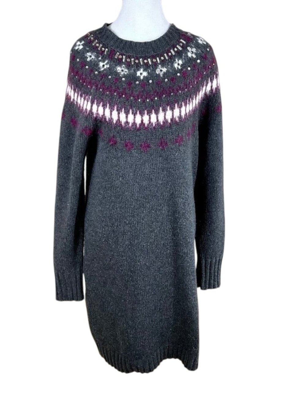 J. Crew Sweater Dress Fair Isle Jeweled Gray Wool Blend (M)
